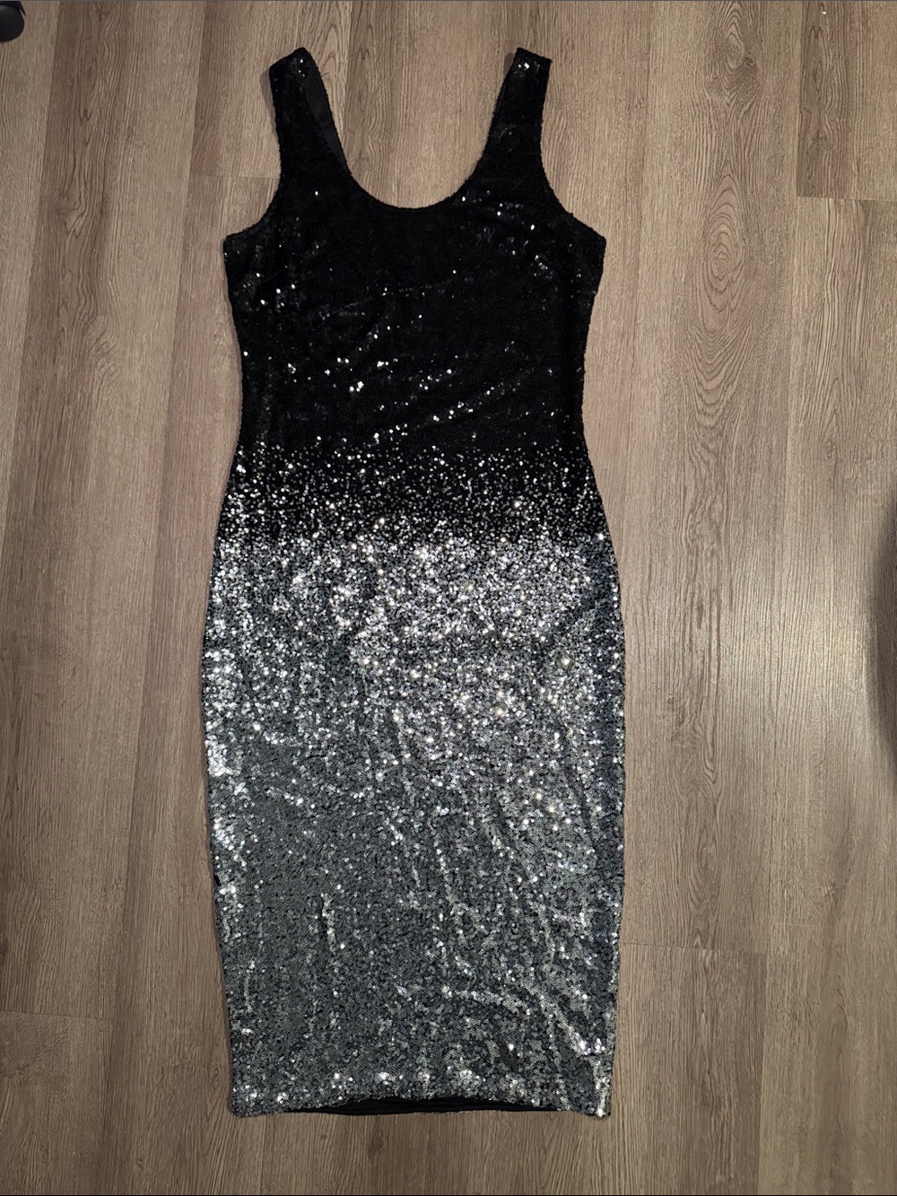 Fashion Nova Black to Silver Sequin Ombre Midi Dress